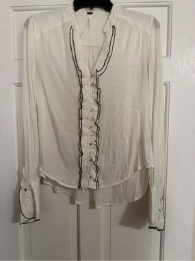 Free People Cream Button-Down Blouse with Black Ruffled Trim